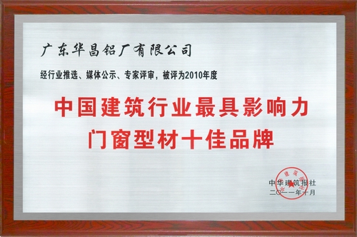 我公司荣获“中国修建行业最具影响力门窗型材十佳品牌”称呼